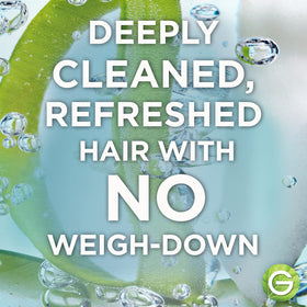 Garnier shampoo texture being poured, showing lightweight lather for easy rinsing