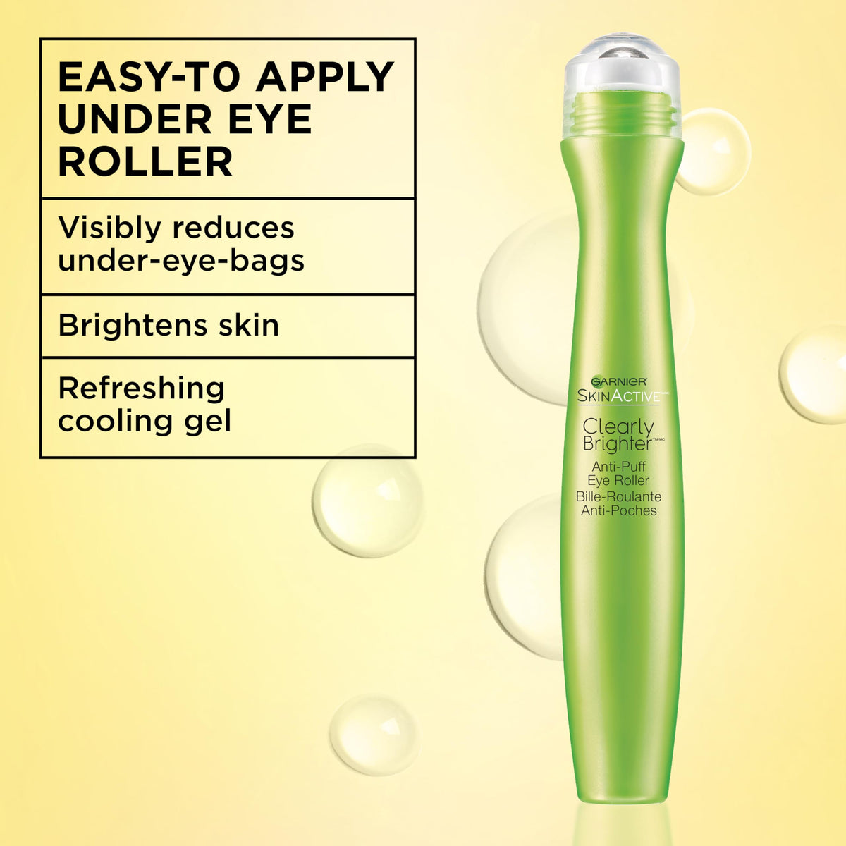Garnier roller applicator close-up highlighting cooling metal tip benefit