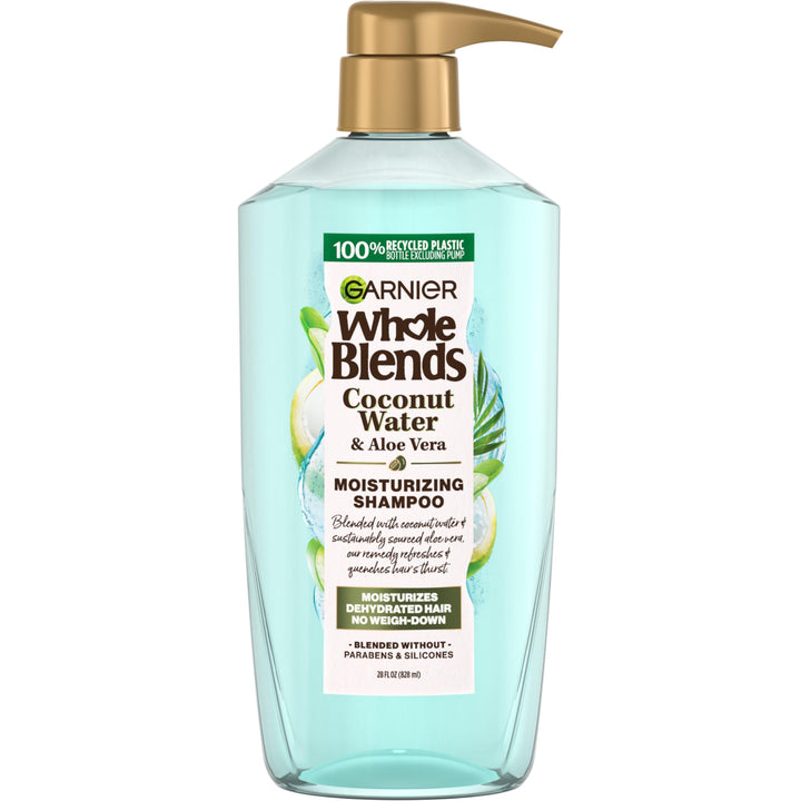 Garnier Whole Blends front packaging showing bottle and label, highlights refreshing hydration
