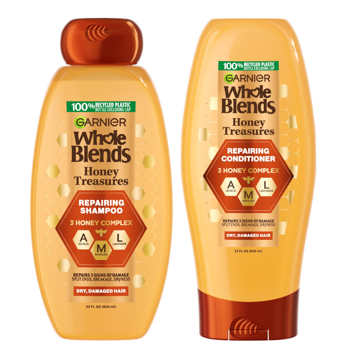 Garnier whole blends honey front packaging showing duo and benefits