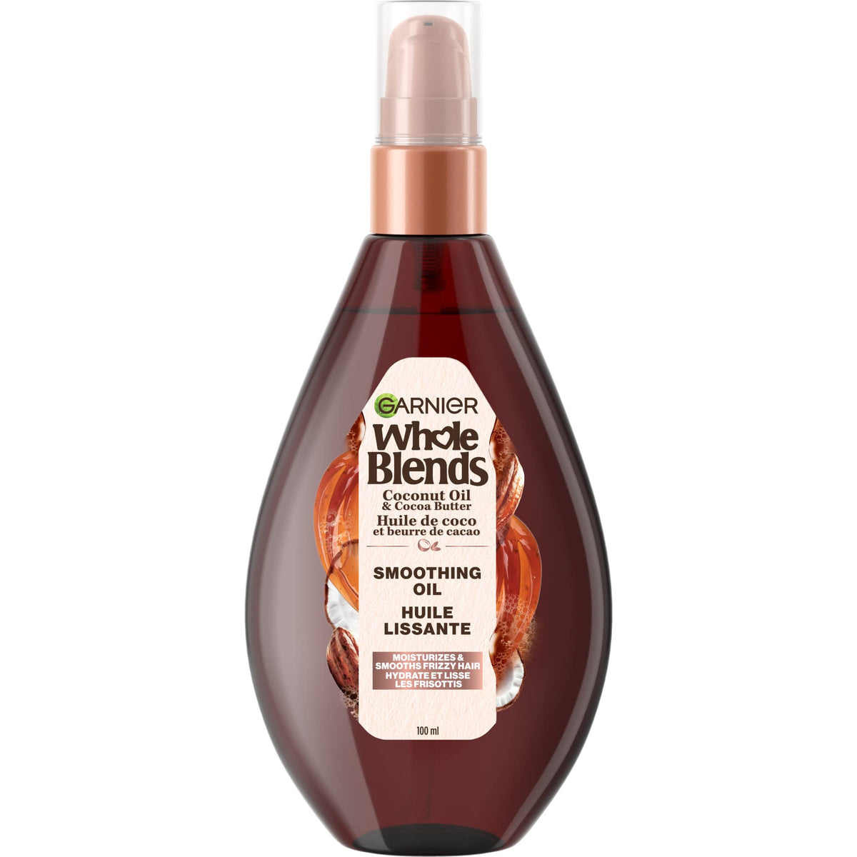 Garnier Whole Blends front packaging showing smooth-frizz benefit