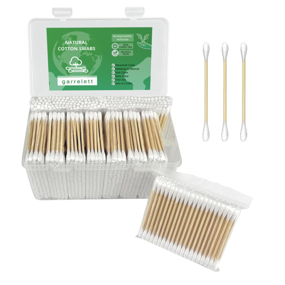 Garrelett front packaging showing 1000 ct bamboo cotton swabs and eco benefits