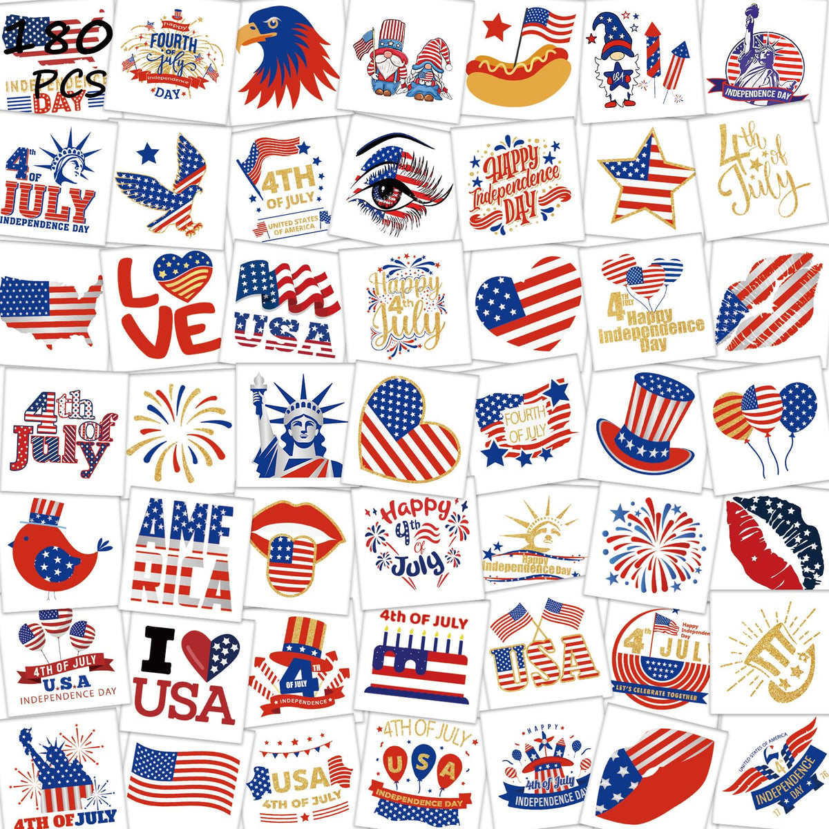 Garsellen front packaging showing 180 patriotic temporary tattoos, ideal for parties