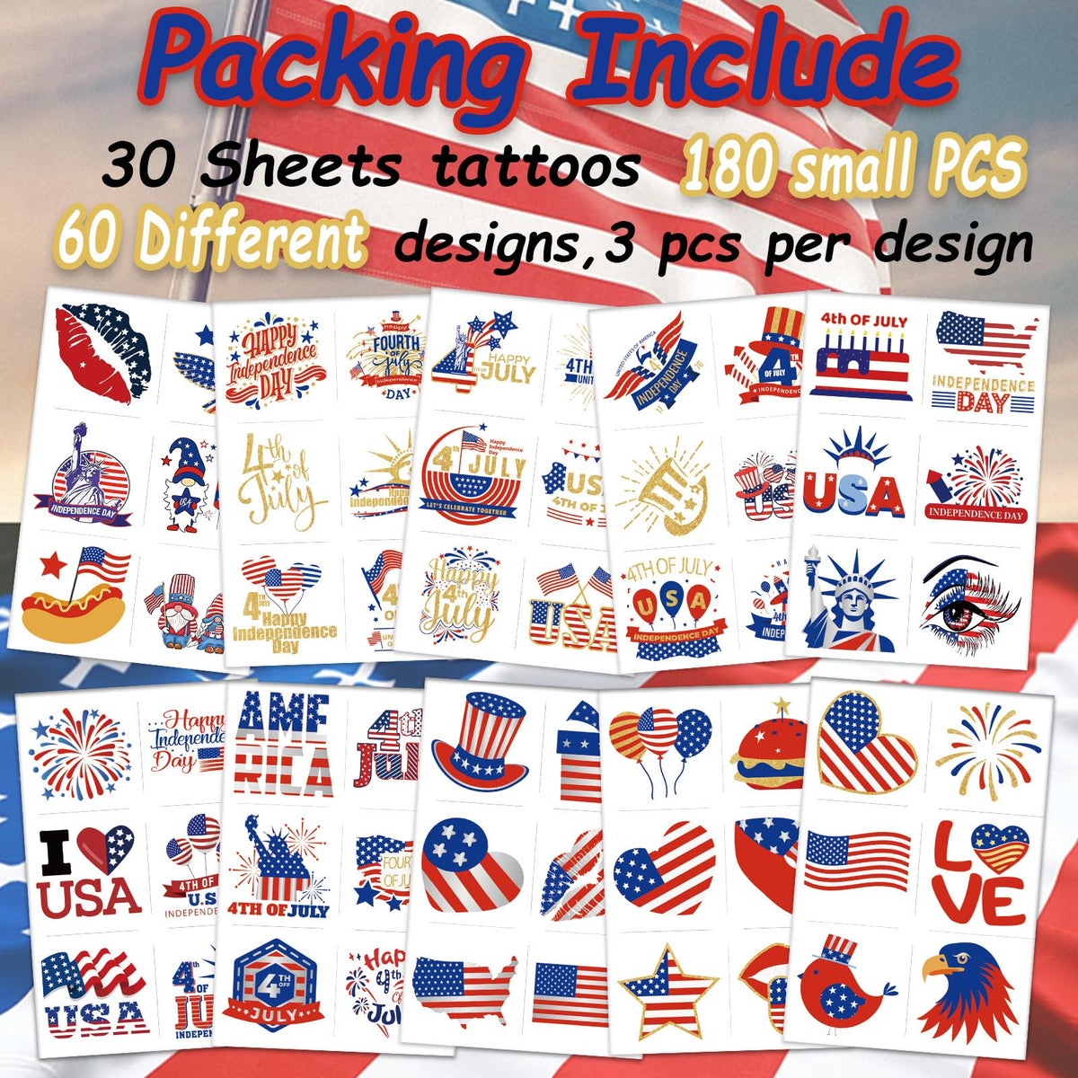 Garsellen close-up of sheet showing American flag and eagle designs, clear detail benefit