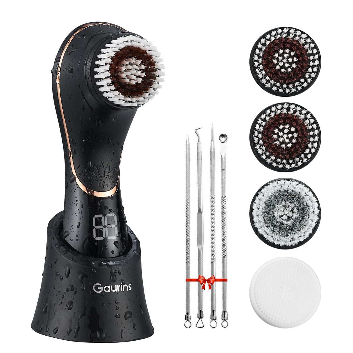 Gaurins facial brush front view showing device and attached head, convenient deep cleansing