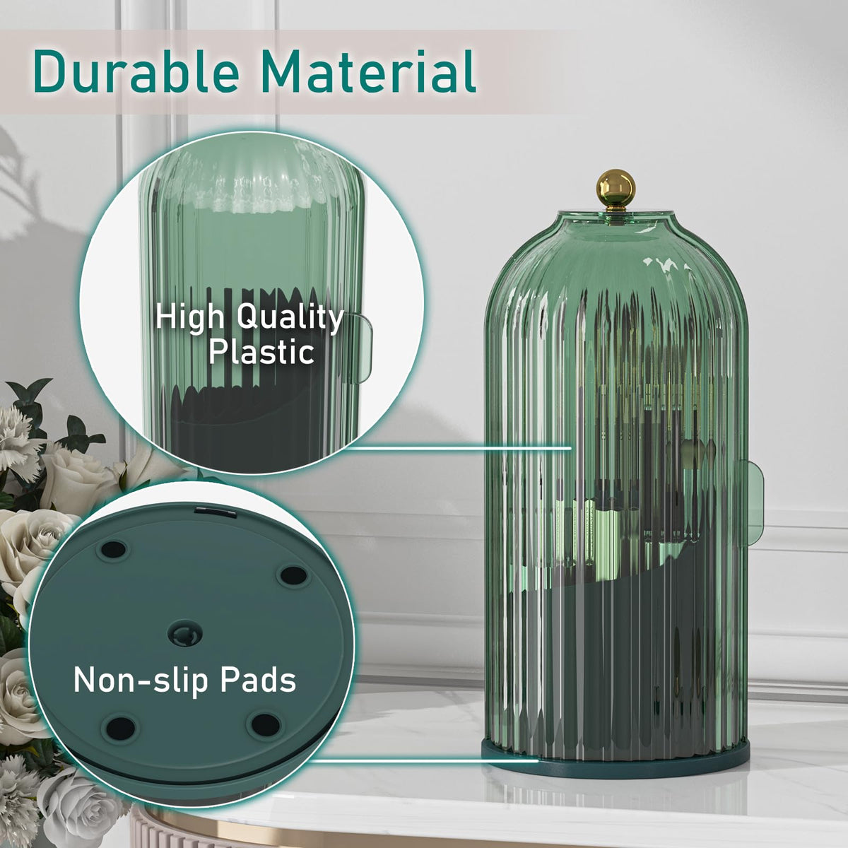 GAXmi on bathroom counter displaying tidy, moisture-protected storage