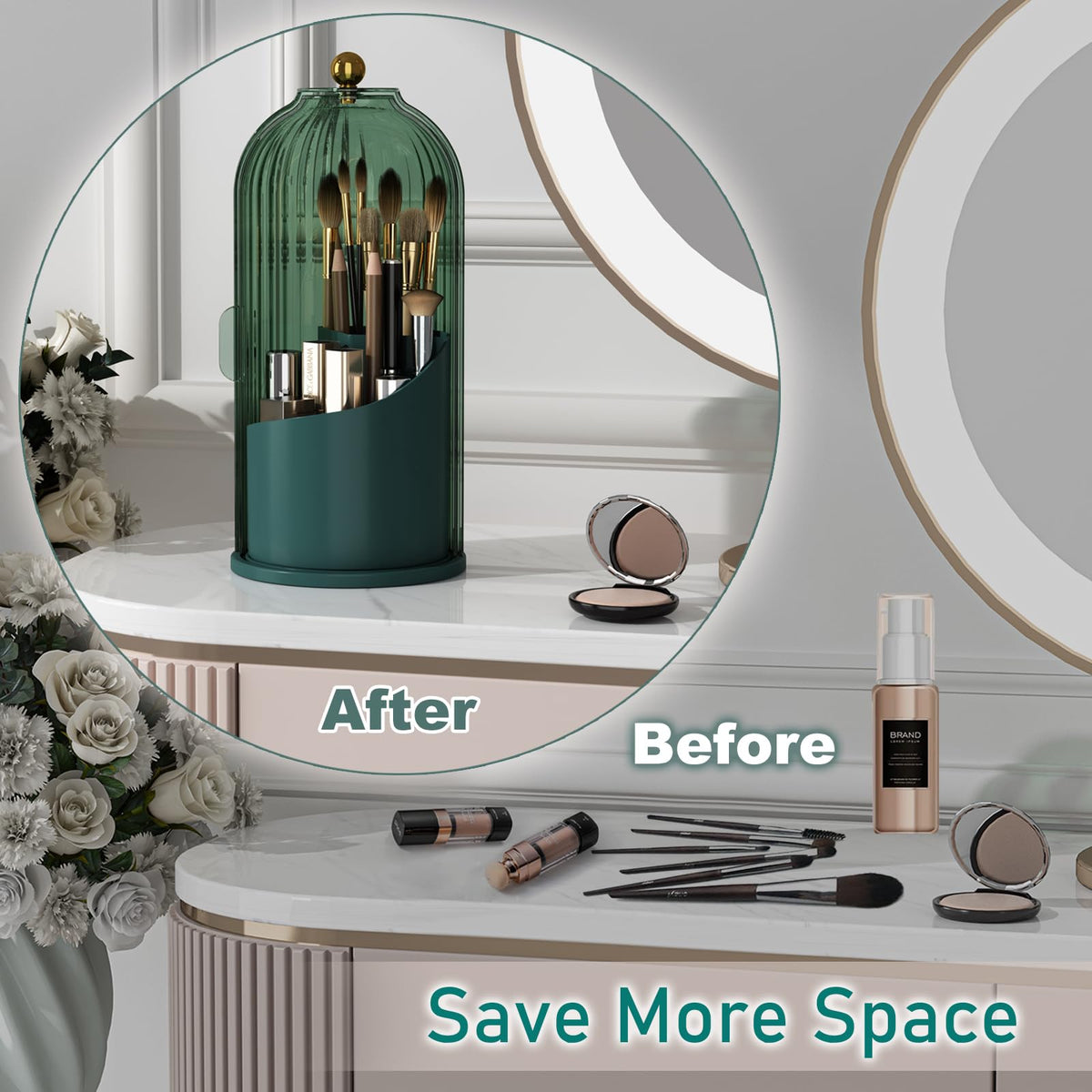 GAXmi filled with makeup brushes showing upright protection and easy reach