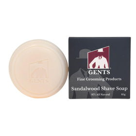 G.B.S front view of sandalwood shaving soap bar showing compact size and clean branding benefits easy storage