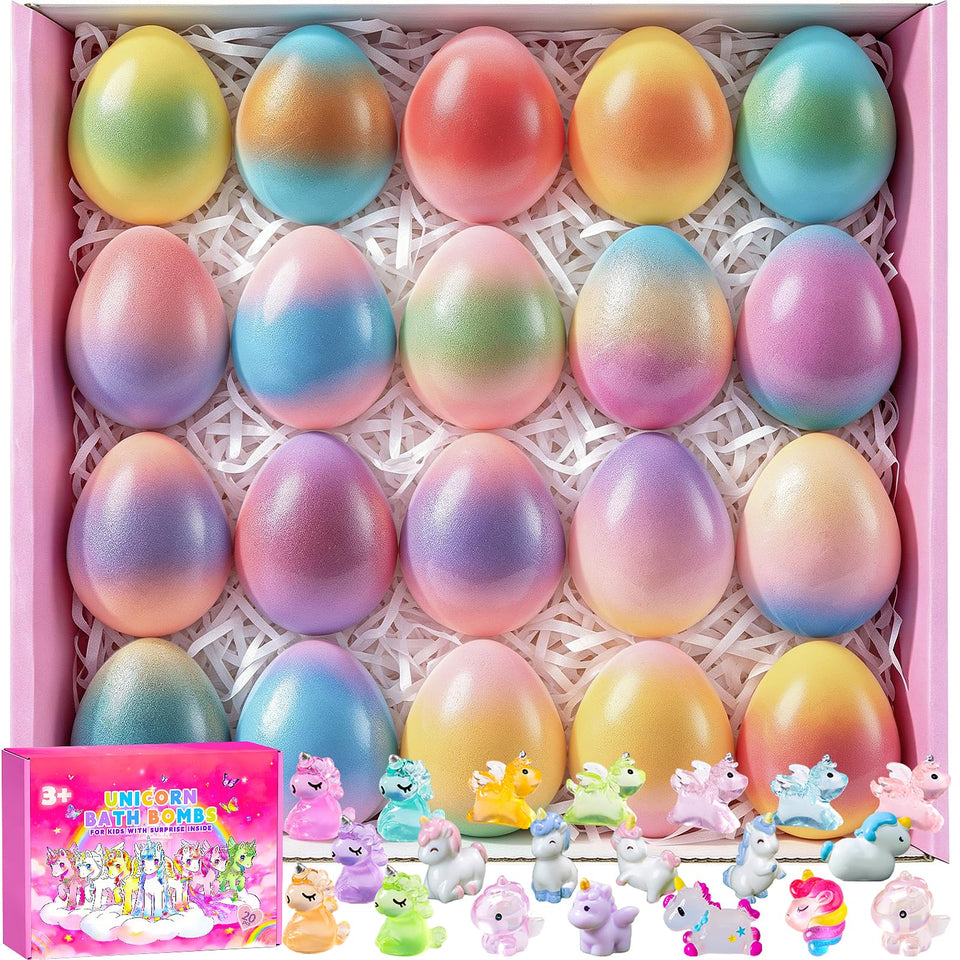 GDXINYES front packaging showing 20-pack colorful unicorn bath bombs and gift-ready box