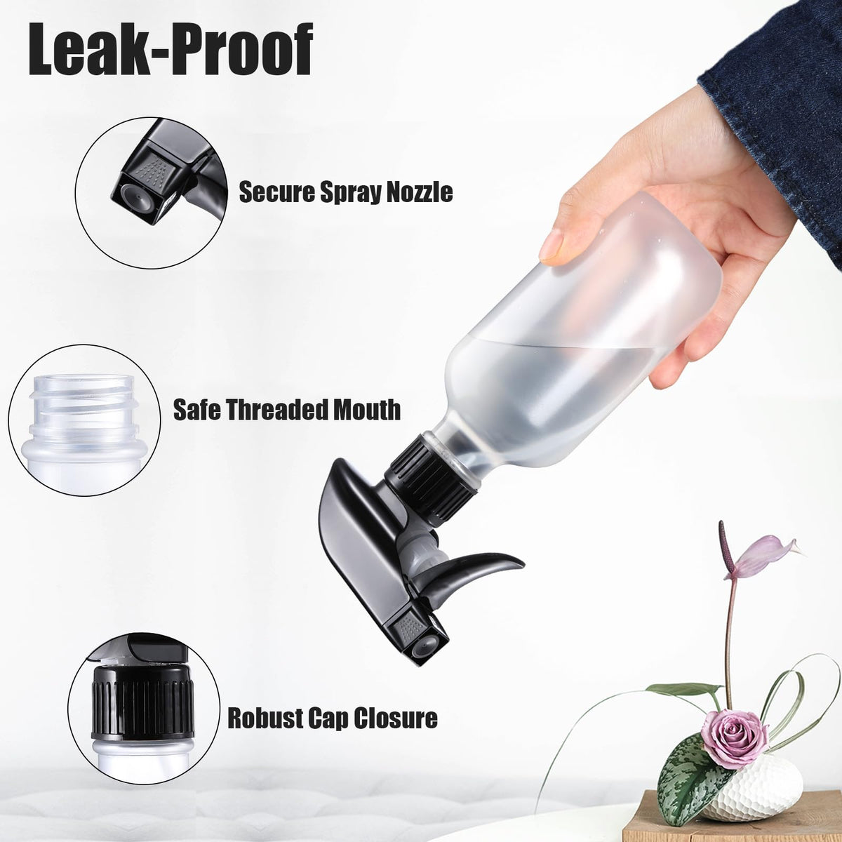 GearTrust bottle in use misting a houseplant showing gentle coverage benefit