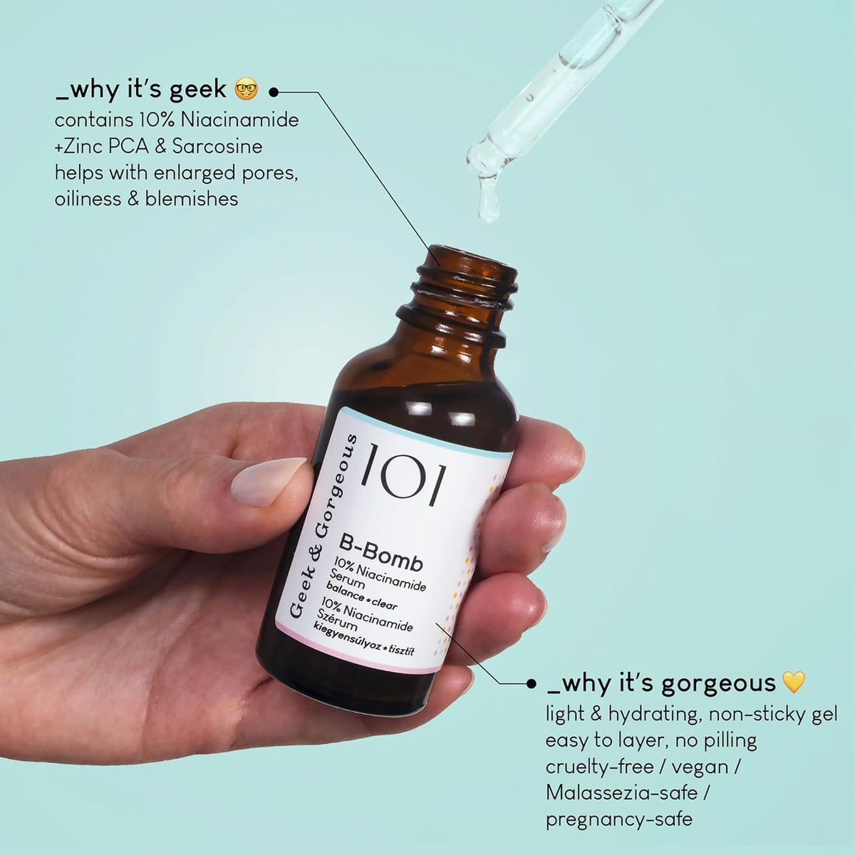 Geek & Gorgeous ingredient label close-up highlighting niacinamide 10% and zinc PCA