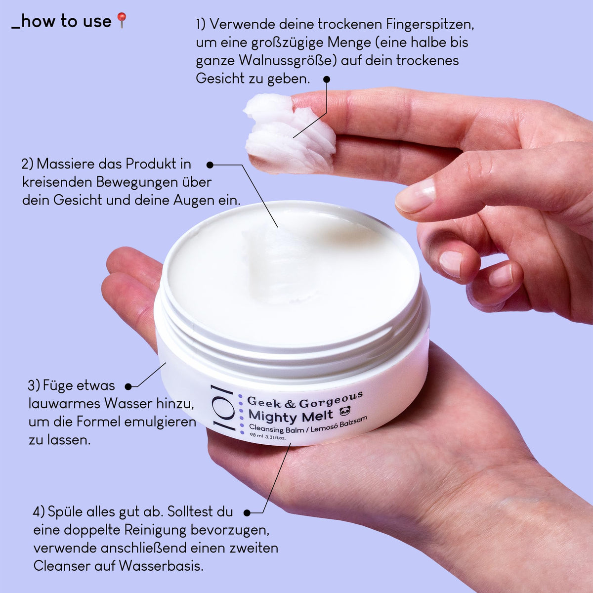 Geek & Gorgeous balm on fingertips demonstrating easy application