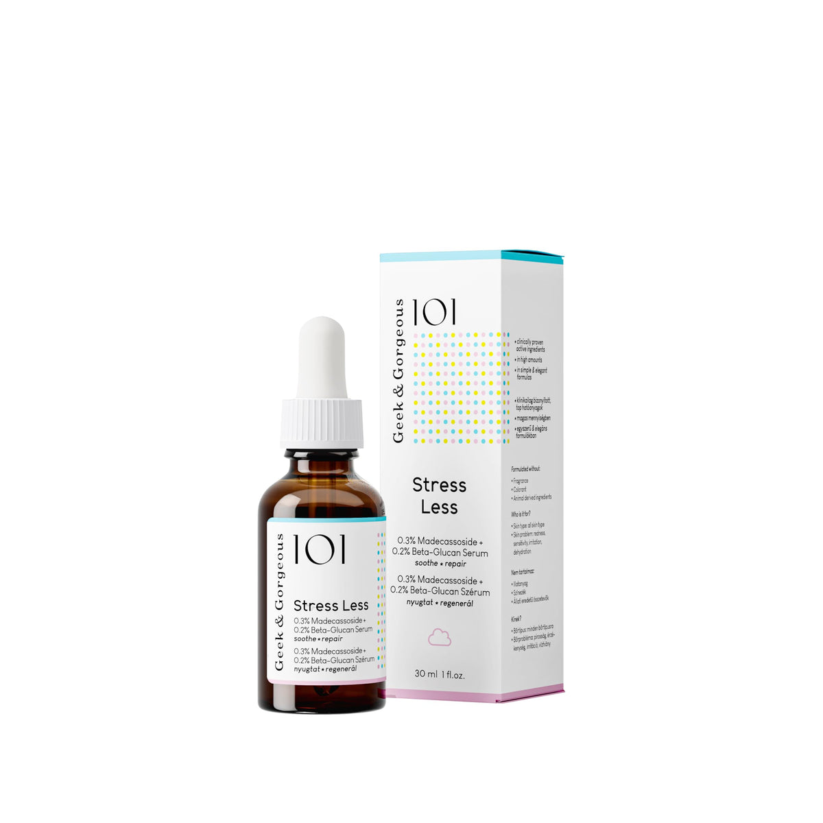 Geek & Gorgeous front packaging showing calming serum benefits