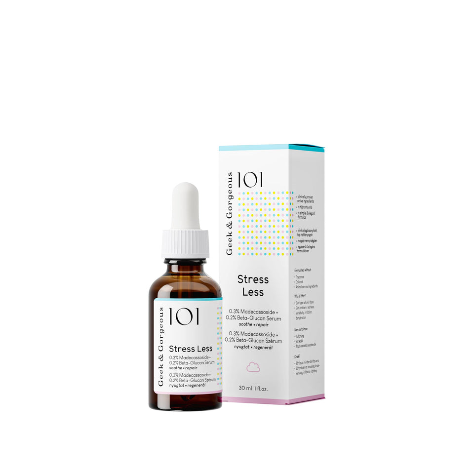 Geek & Gorgeous front packaging showing calming serum benefits