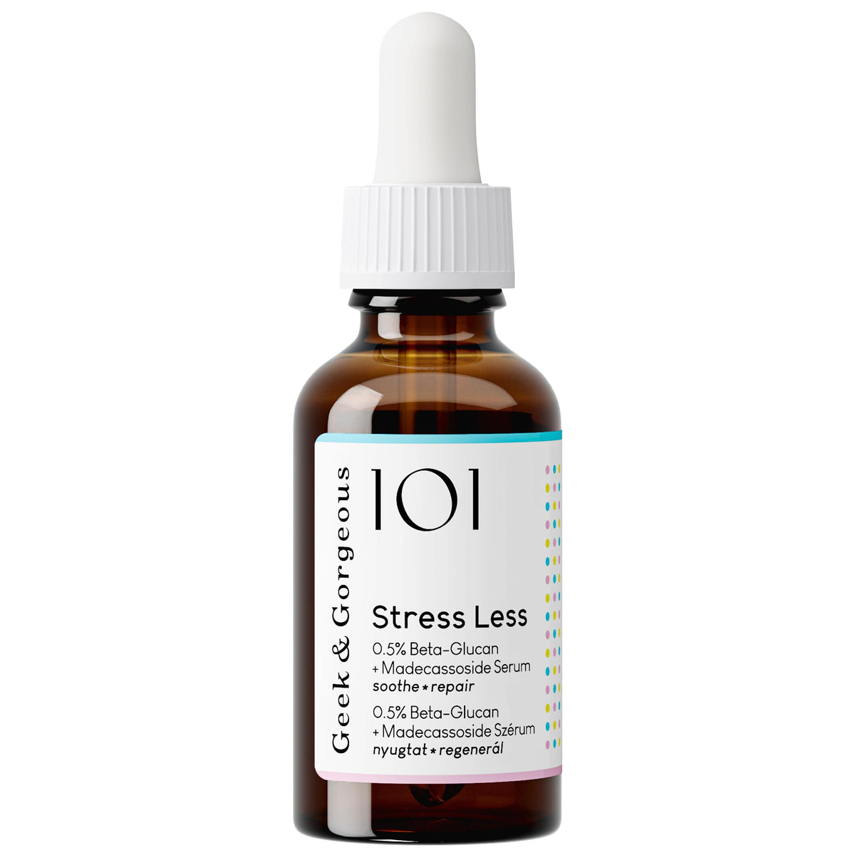 Geek & Gorgeous bottle with key ingredients beta-glucan and madecassoside