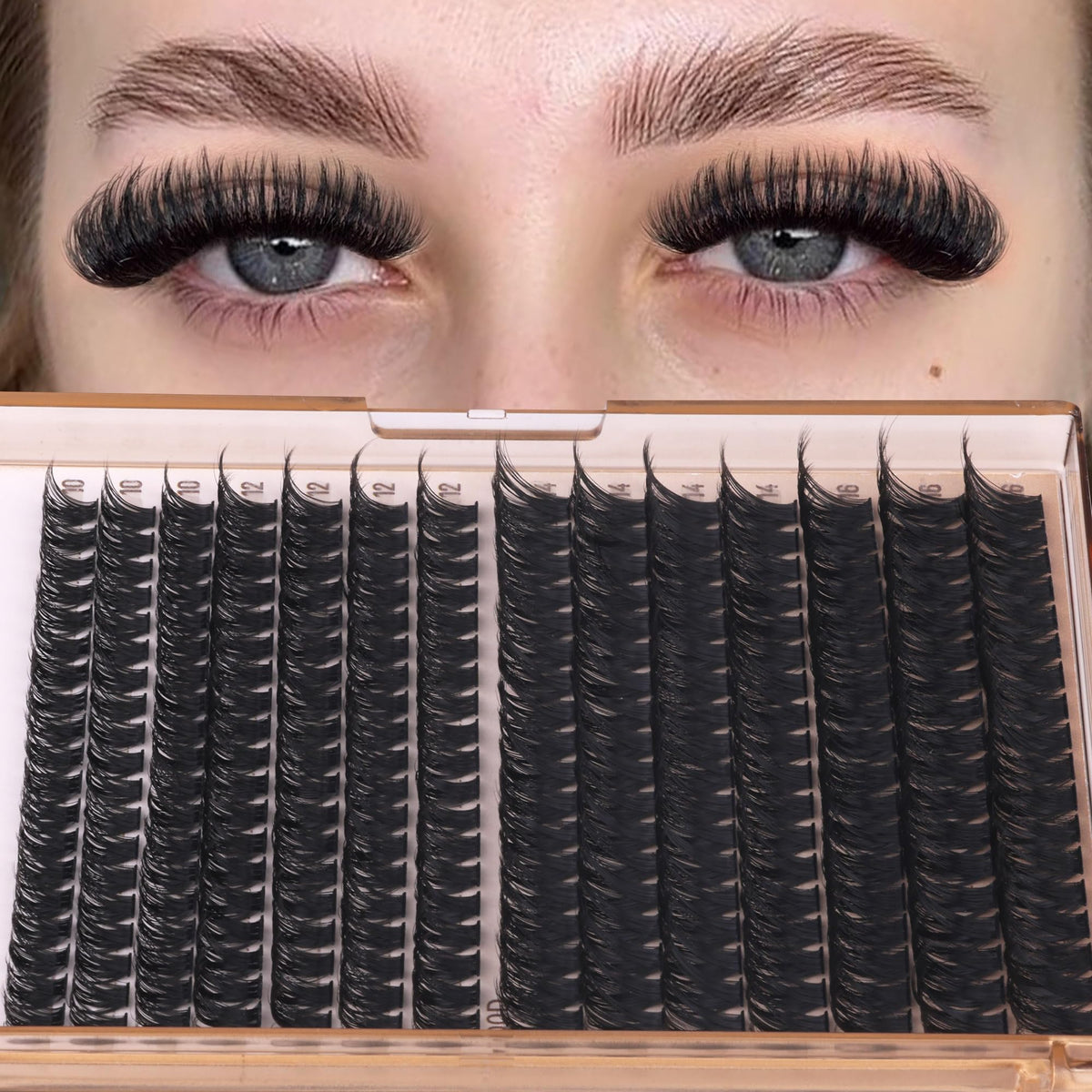 Geeneiya hand applying a cluster lash with tweezers demonstrating easy DIY placement