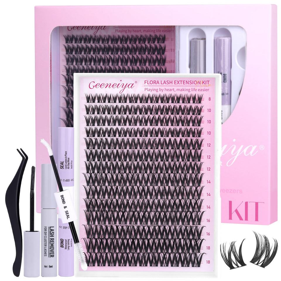 Geeneiya packaging showing full FLORA lash kit and included tools, easy at-home application