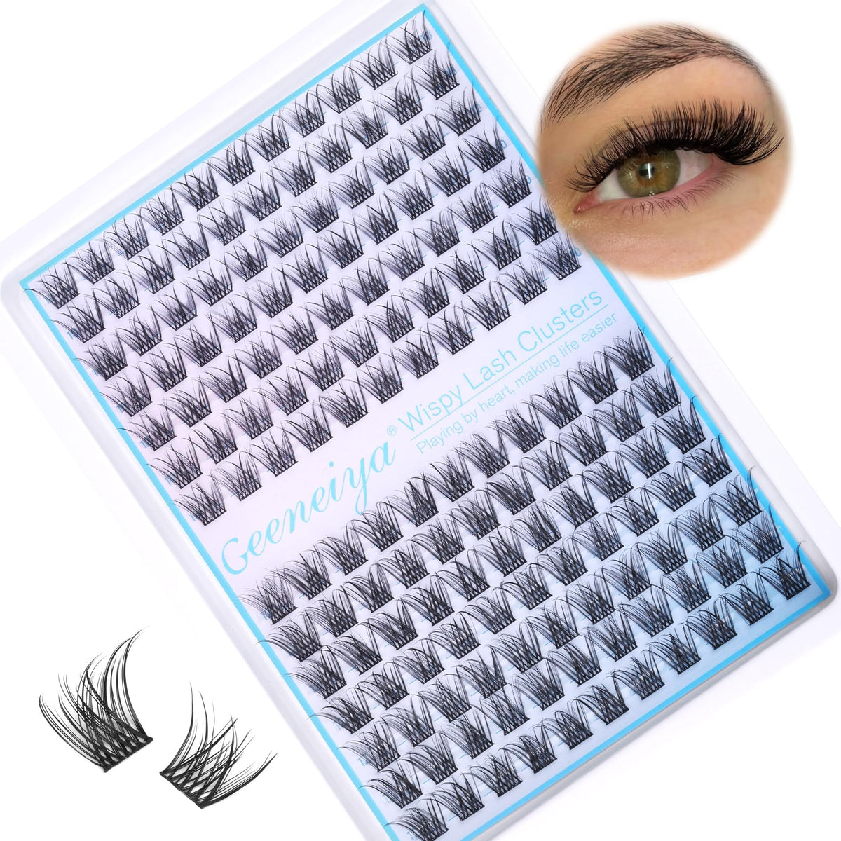 Geeneiya front packaging showing 154PCS short wispy clusters, easy selection benefit