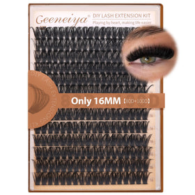 Geeneiya front packaging showing 16mm clusters and waterproof bond for easy at-home volume
