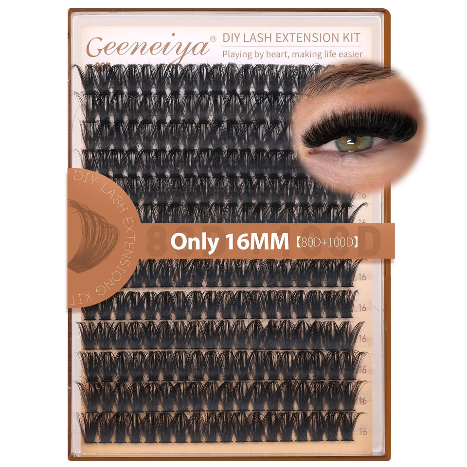 Geeneiya front packaging showing 16mm clusters and waterproof bond for easy at-home volume