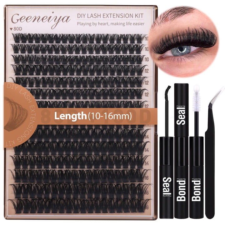 Geeneiya front packaging showing the full 300pcs cluster kit and tools, instant salon look