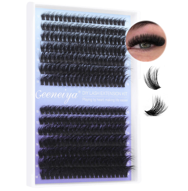 Geeneiya front packaging showing 280-piece cluster set and benefit of full volume