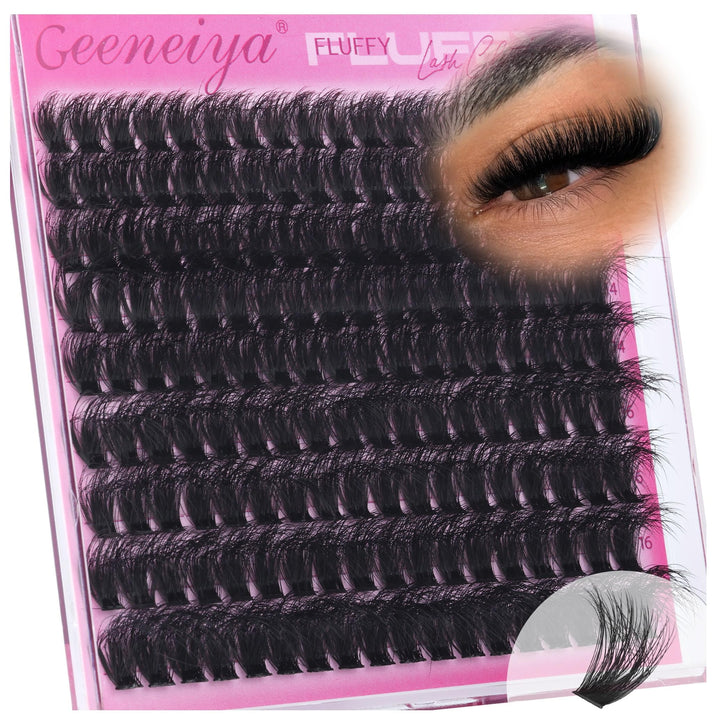 Geeneiya front packaging showing full lash clusters and quick application benefit
