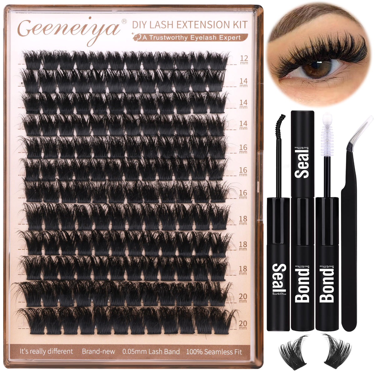 Geeneiya front packaging showing full 200D lash clusters kit and components for easy setup