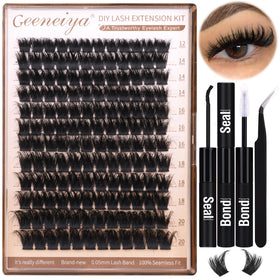 Geeneiya front packaging showing full 200D lash clusters kit and components for easy setup