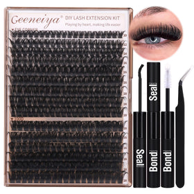 Geeneiya front packaging showing full DIY lash kits and contents for easy selection