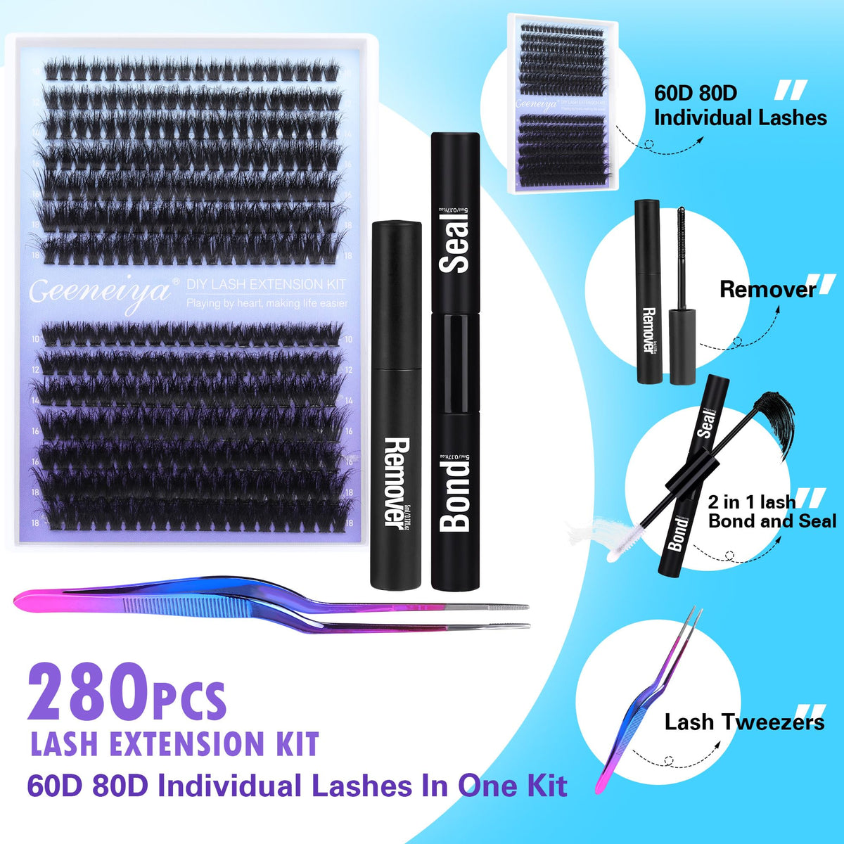 Geeneiya hand scale showing cluster lashes size and length options