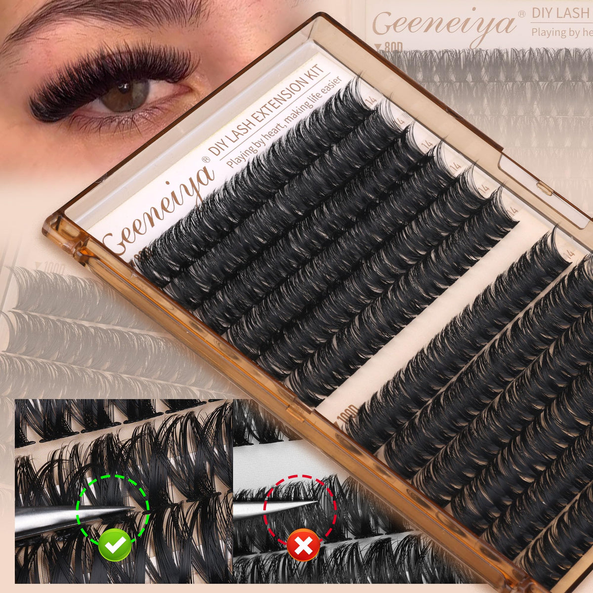 Geeneiya lash clusters being applied with tweezers for quick DIY eyelash enhancement