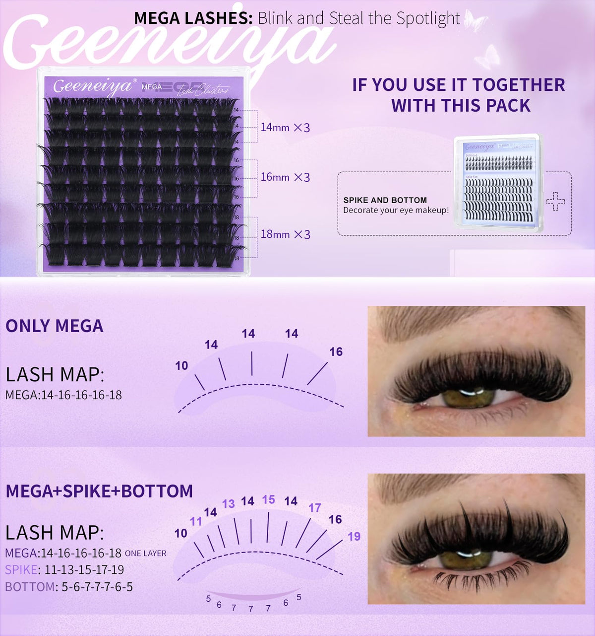 Geeneiya side-by-side 14mm 16mm 18mm lashes showing length options and styling
