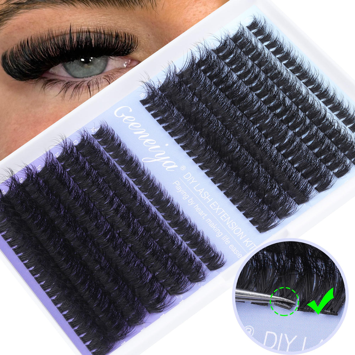 Geeneiya lifestyle image with evening makeup showing glamorous finished lash benefit