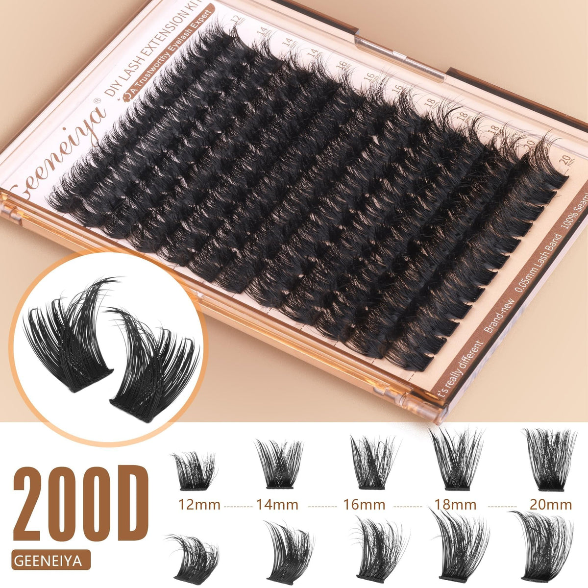 Geeneiya display of mixed 10–20mm cluster lengths illustrating customizable lash gradients