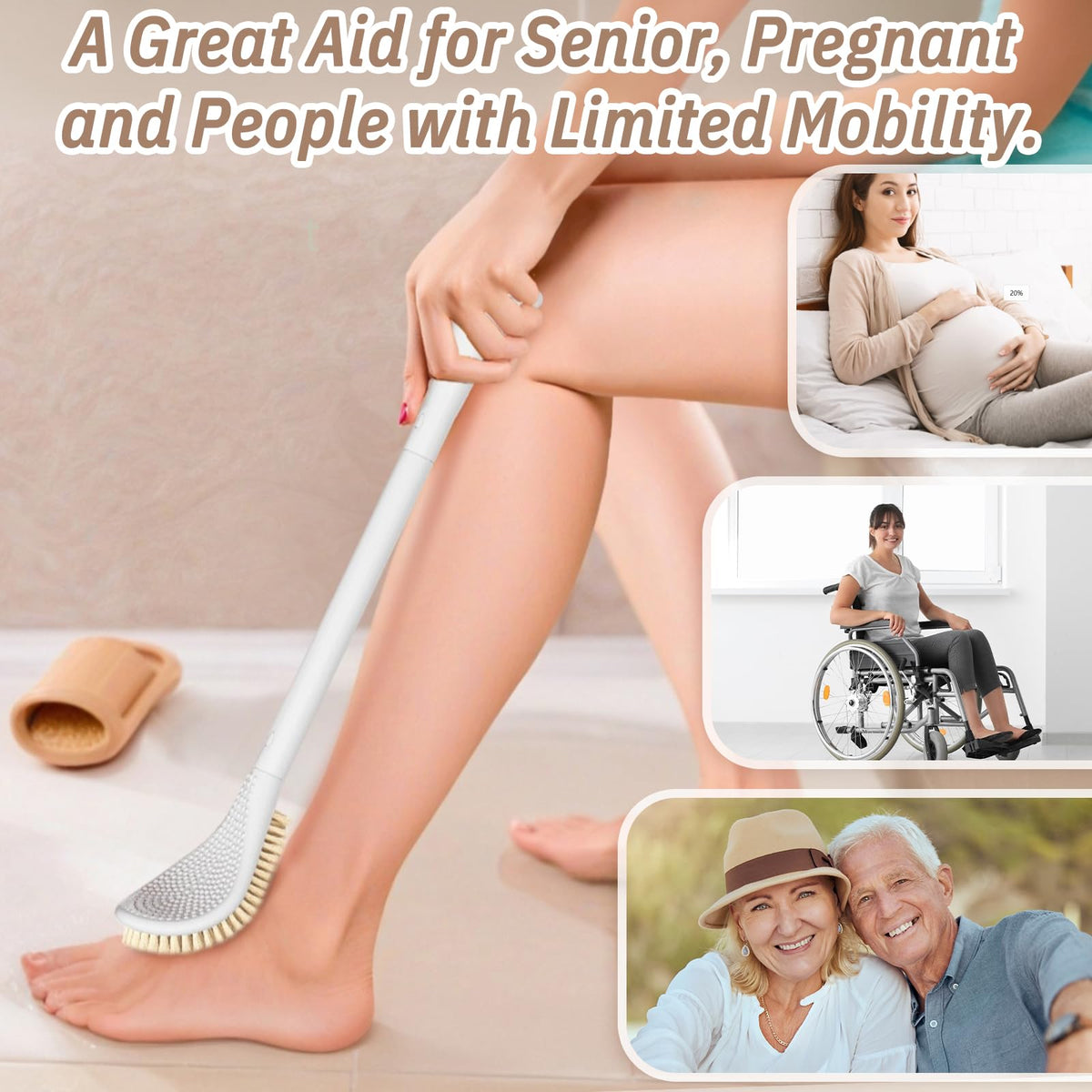 GEENOA foot brush in shower use demonstrating safe wet cleaning without bending