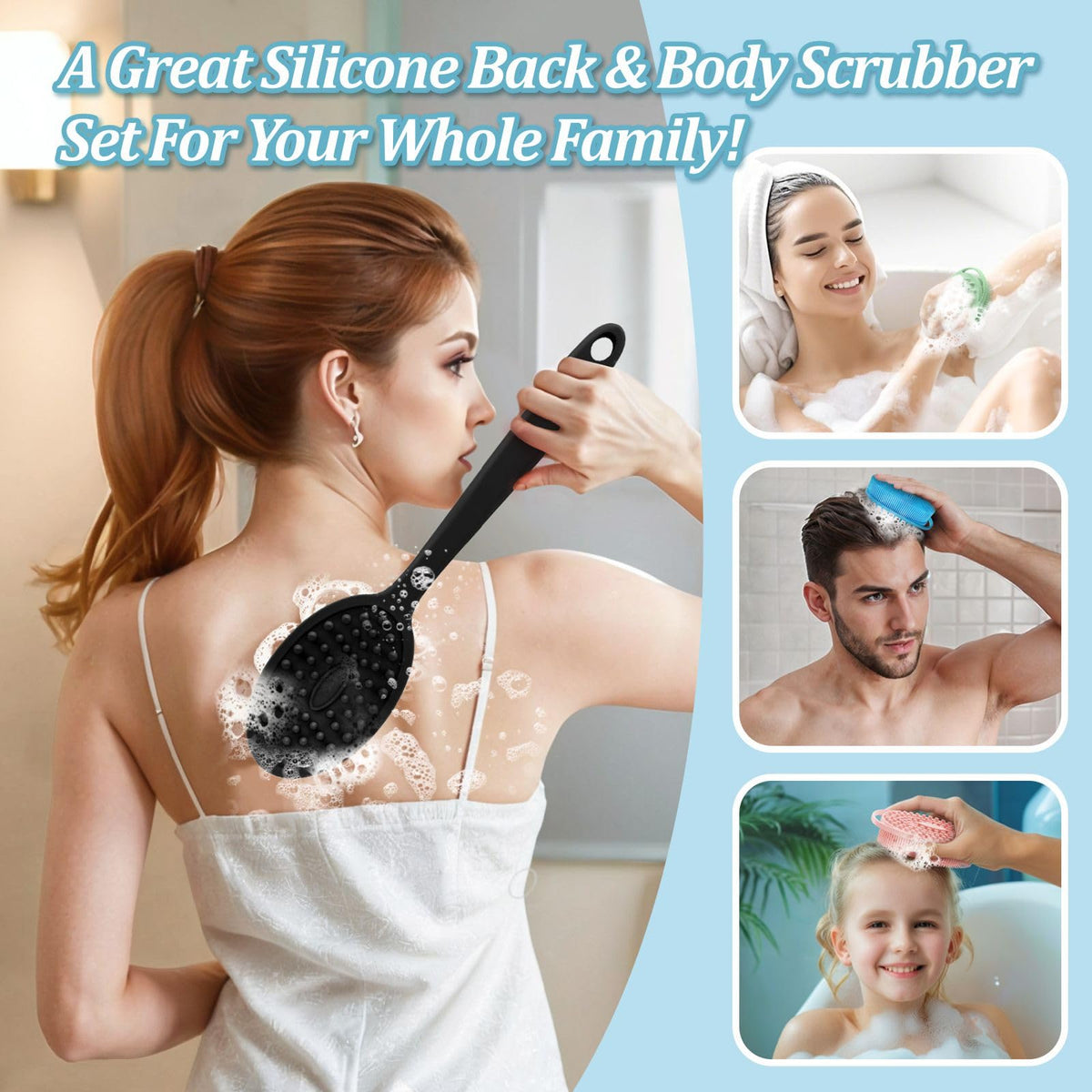 GEENOA scrubbing back in shower demonstrating reach and easier cleaning of hard-to-reach areas