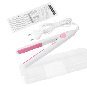 Gegong front view mini flat iron showing sleek white body and plates, easy storage