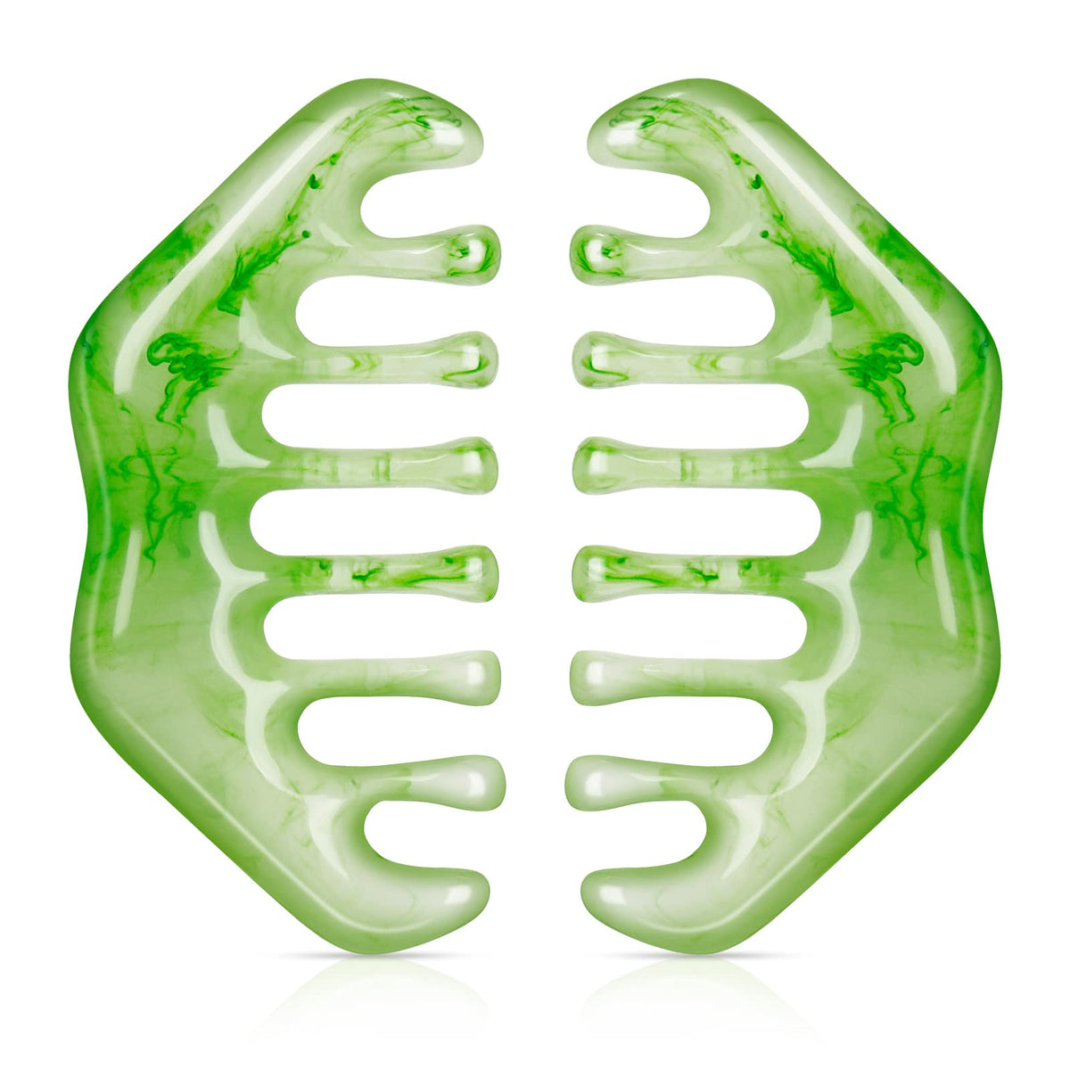Geiserailie front view of two jade-like combs showing elegant shape and ease of use