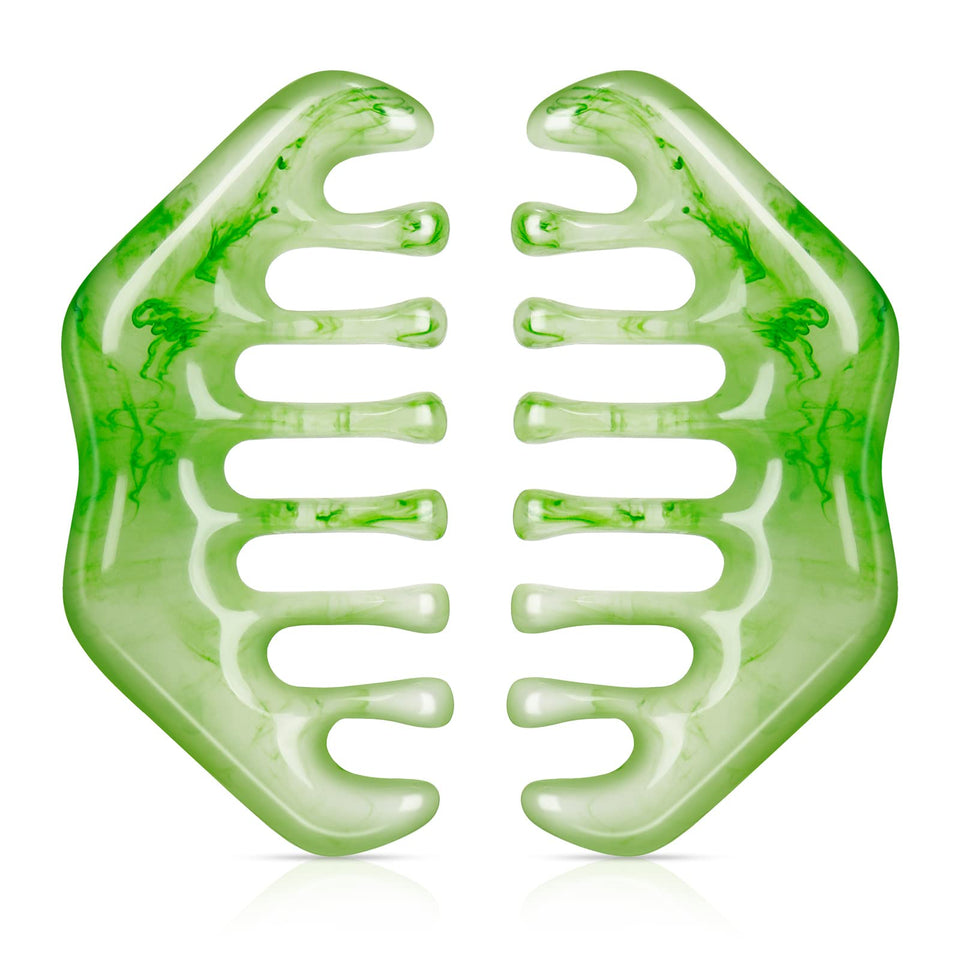 Geiserailie front view of two jade-like combs showing elegant shape and ease of use