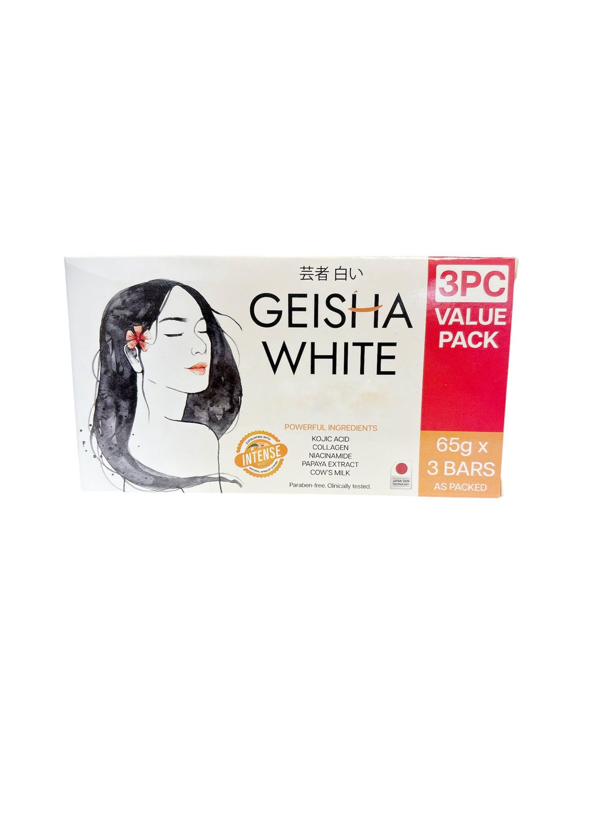Geisha White front packaging showing three 65g bars and product name benefit