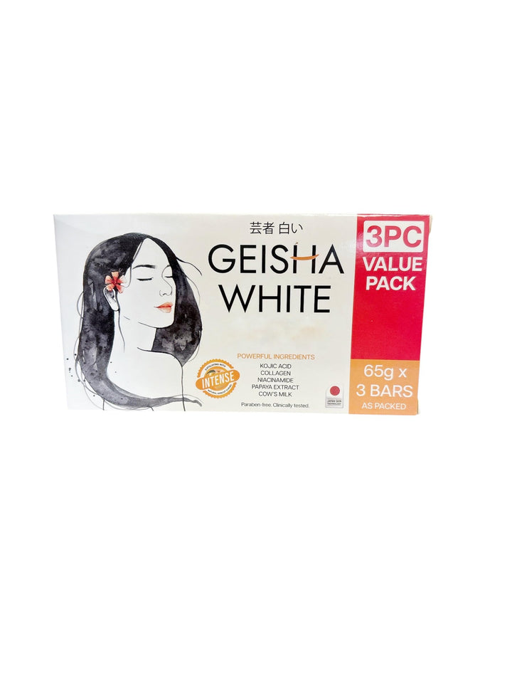 Geisha White front packaging showing three 65g bars and product name benefit