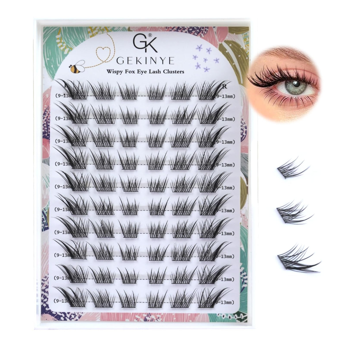 Gekinye front packaging showing 60 fox eye cluster lashes and benefits