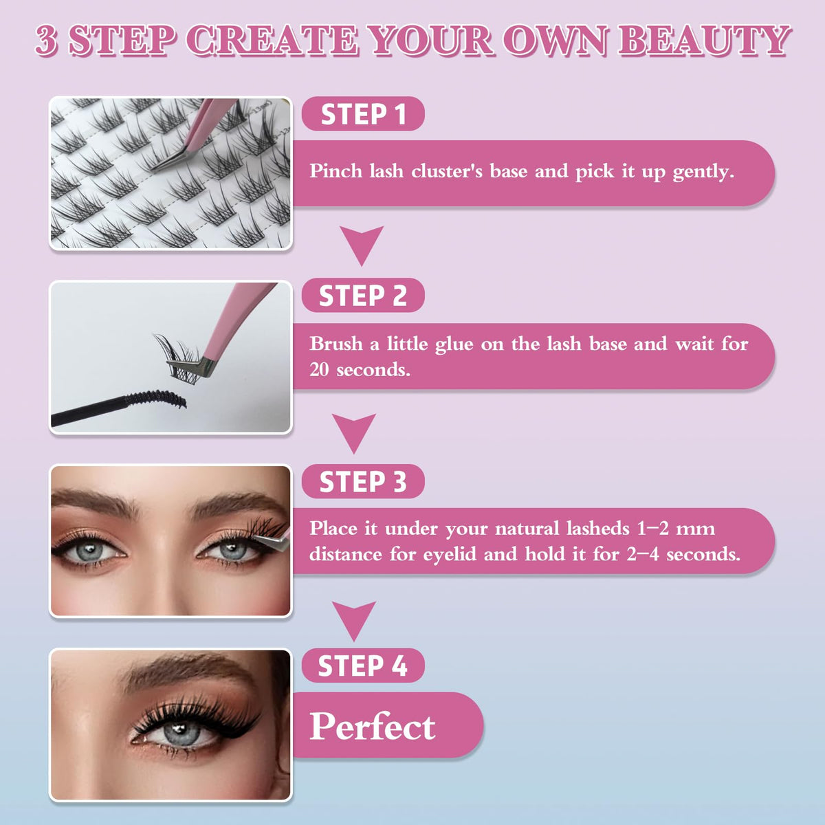Gekinye cluster lashes beside ruler showing size range and control benefit
