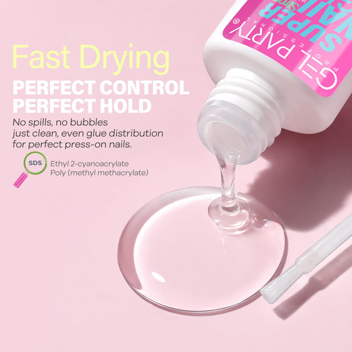 GEL PARTY fine bristle brush applicator close-up for precise, mess-free nail glue application