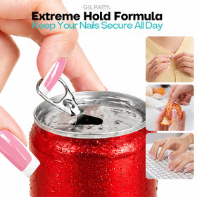 GEL PARTY clear adhesive on a nail tip illustrating quick-dry, invisible bond for natural-looking results