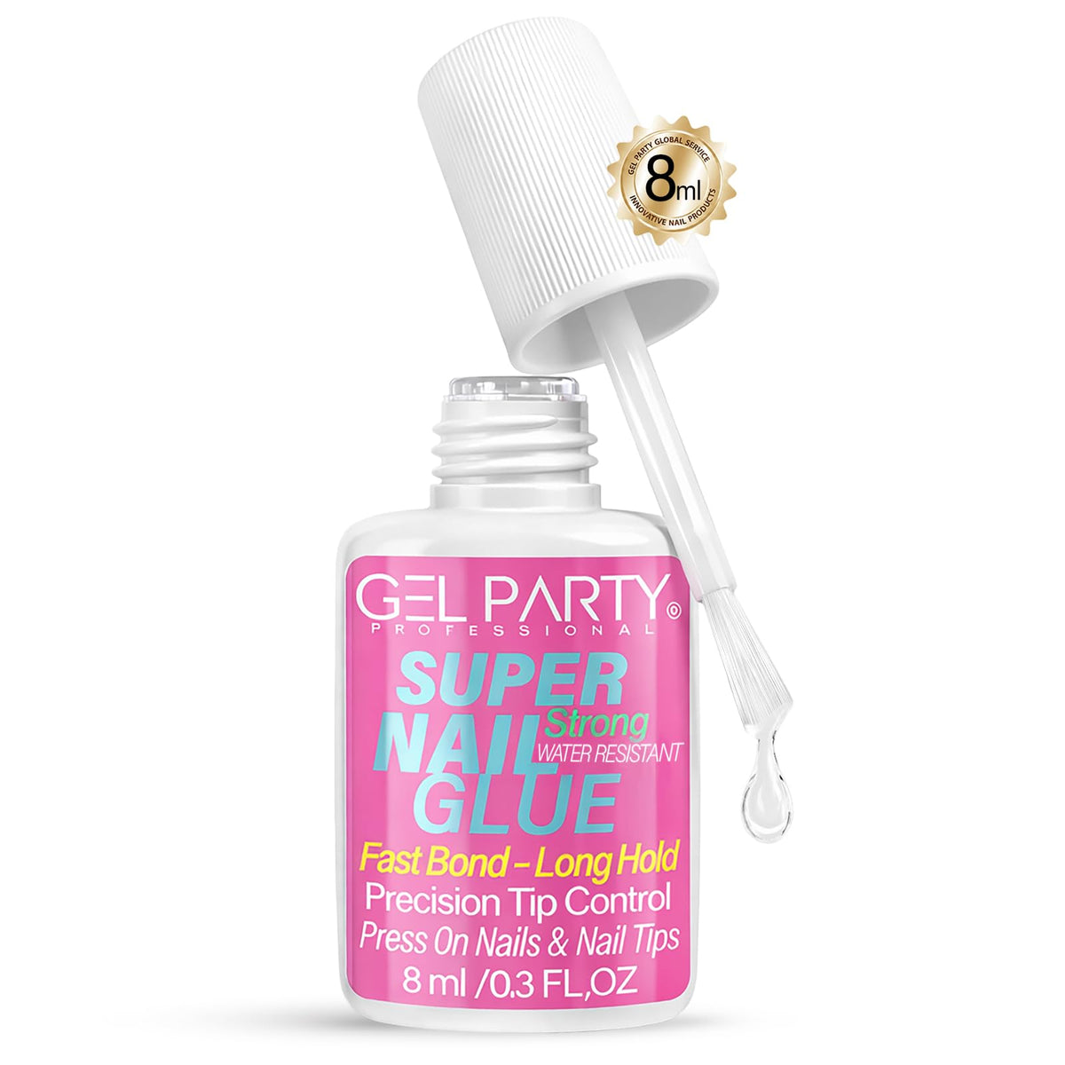 GEL PARTY front packaging showing 8ml bottle and branding for easy recognition and travel-ready convenience