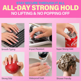 GEL PARTY label showing compatibility details for acrylics, press-ons, tips, and soft gel extensions