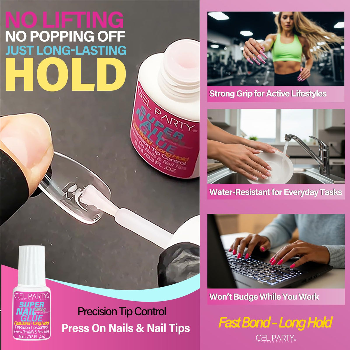 GEL PARTY applied press-on nails on model hands demonstrating strong salon hold during daily tasks