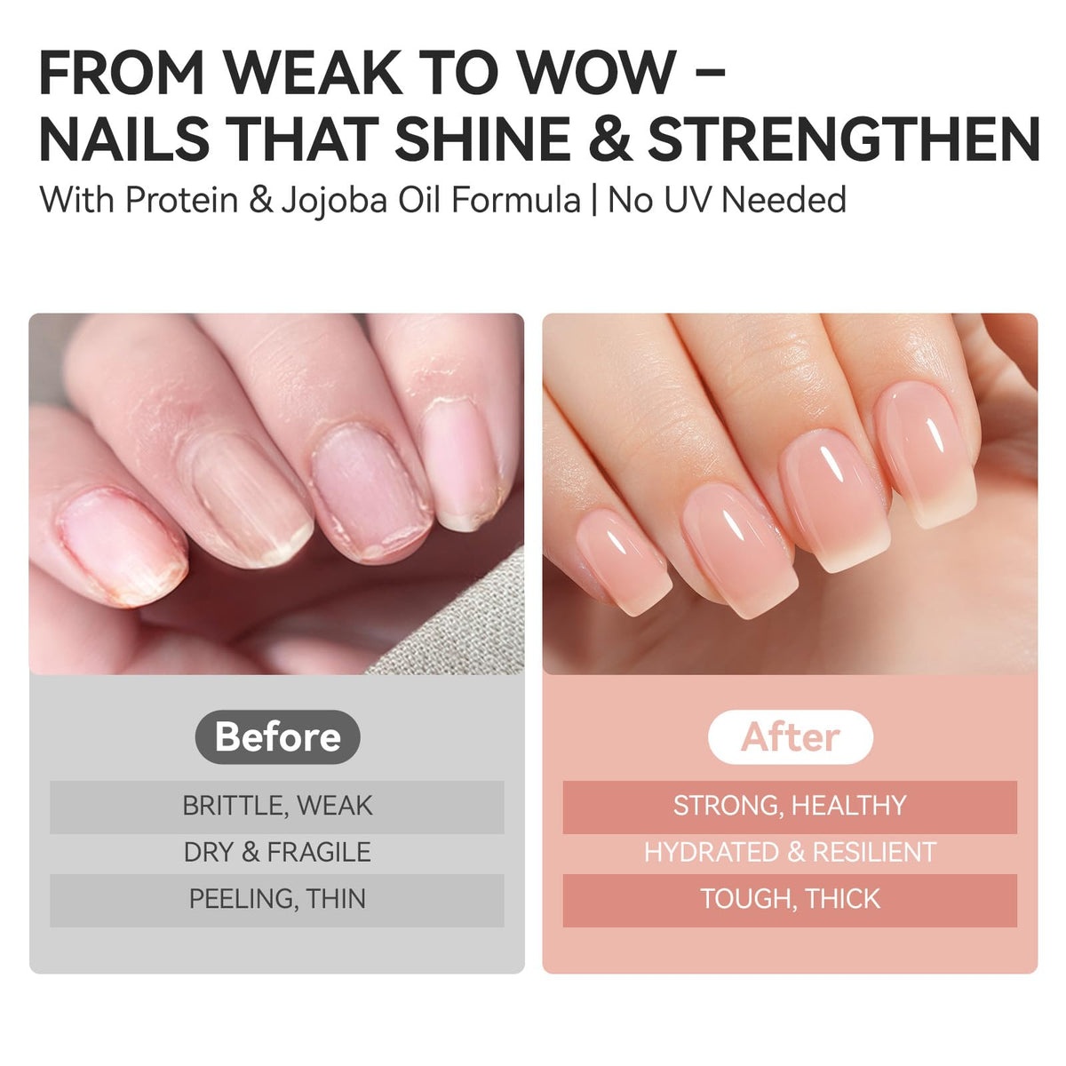 gelike ec before and after comparison demonstrating stronger, smoother nails
